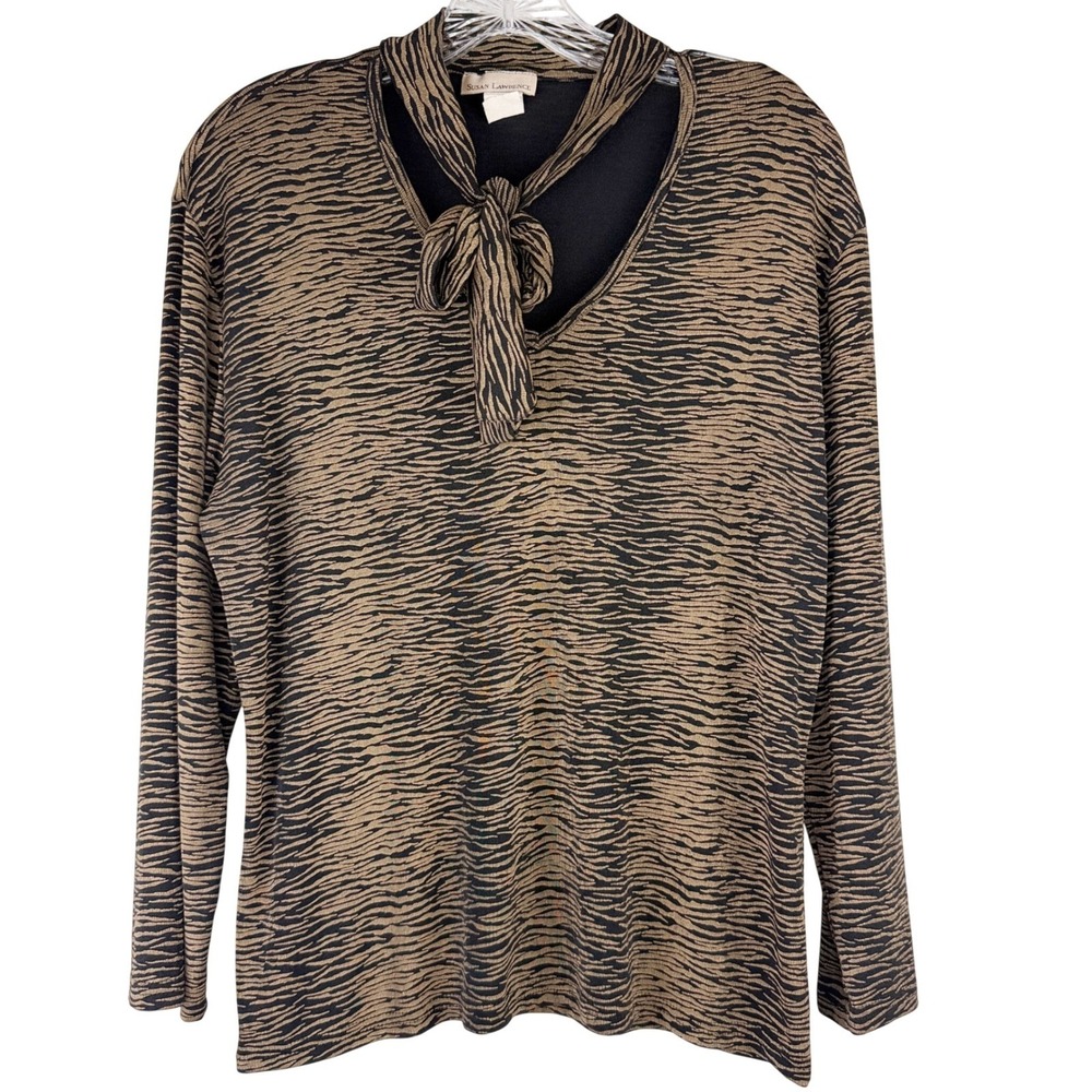 Susan Lawrence Womens Gold Black Metallic Tiger Animal Print Tie Neck Top XL